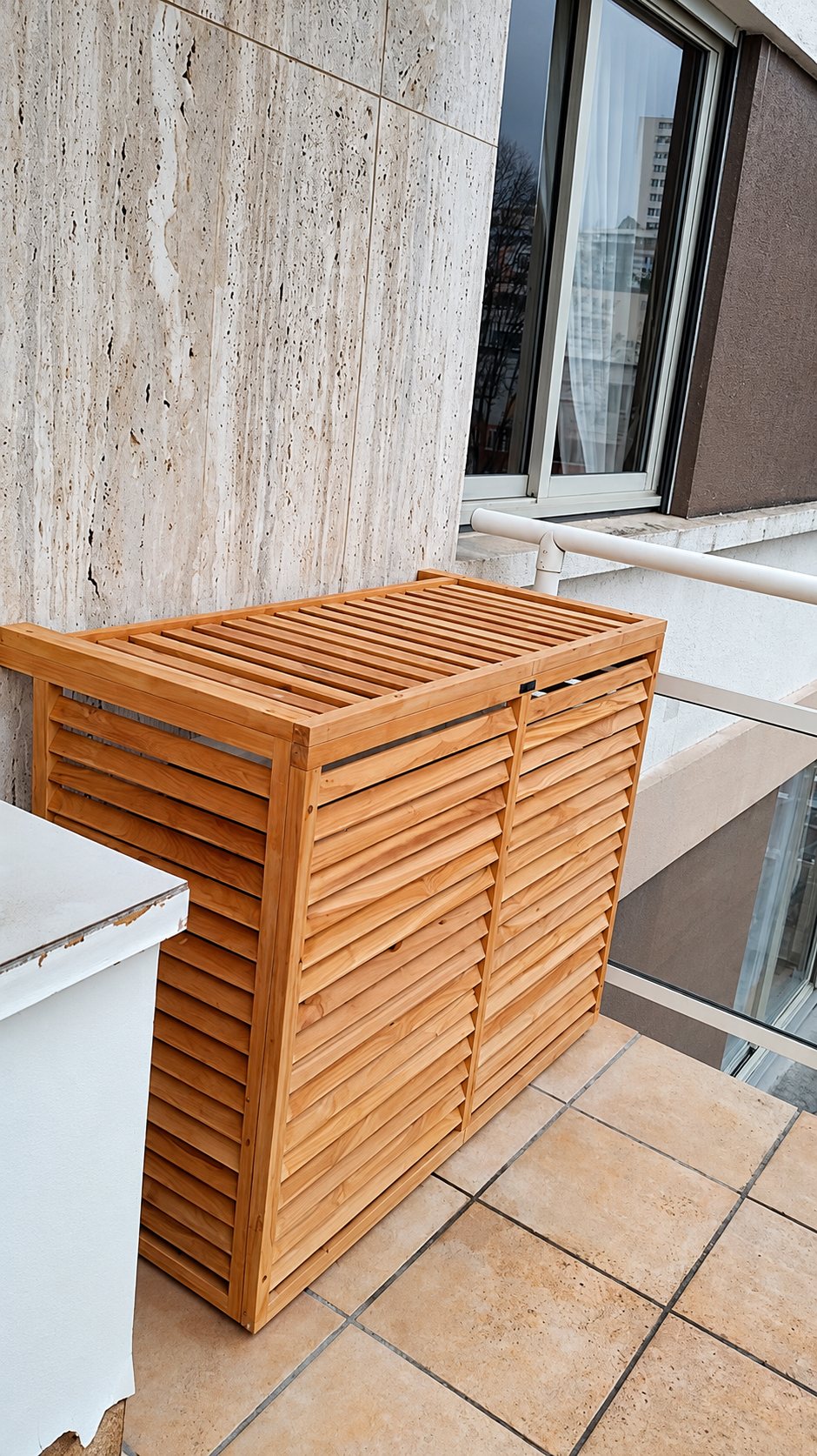Un cache-climatisation en bois clair à lamelles est posé sur une terrasse carrelée, devant un mur en travertin et une baie vitrée.