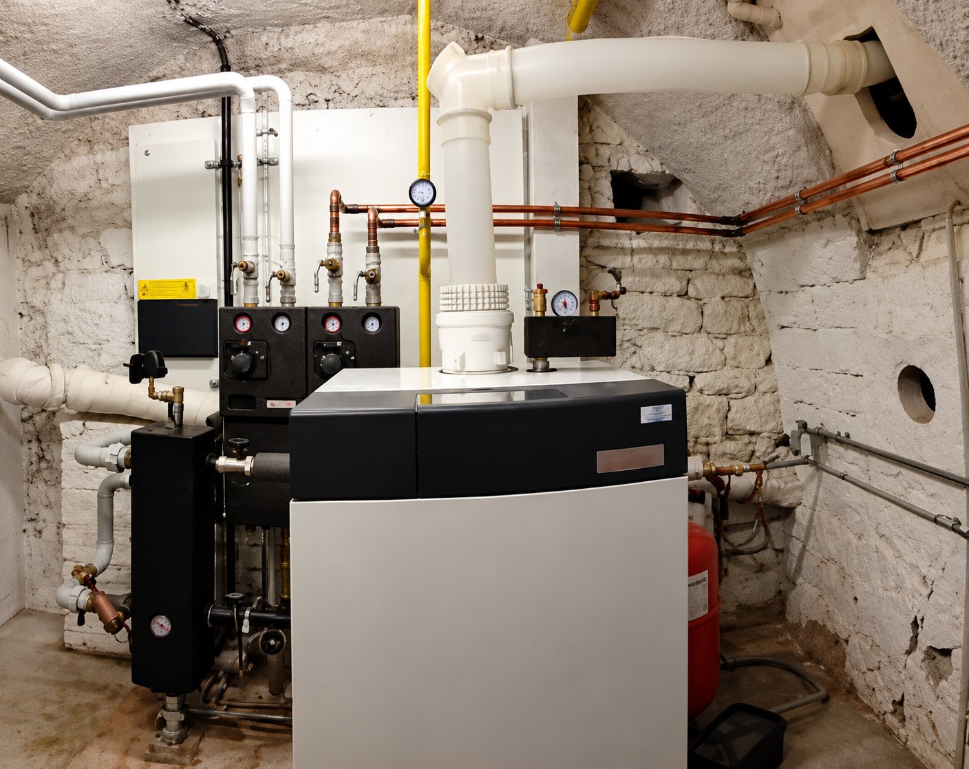 Une chaudière grise et noire est installée dans une cave aux murs de pierre, entourée de tuyaux blancs, de cuivre et d'un conduit jaune.