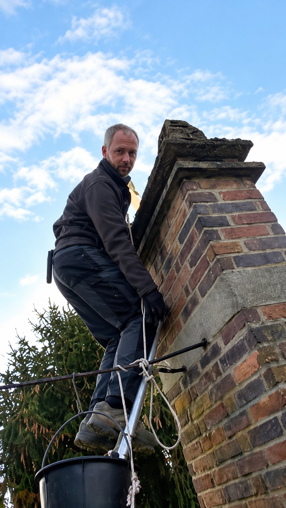 Un homme en vêtements de travail est perché sur une échelle contre une haute cheminée en briques, sous un ciel bleu légèrement nuageux.