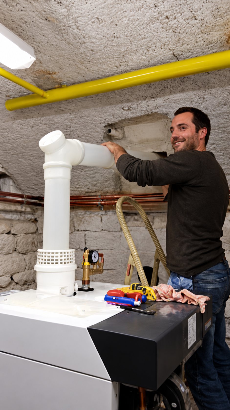 Un homme souriant en pull sombre fixe un conduit blanc d'évacuation au mur au-dessus d'une chaudière dans un local technique en pierre.