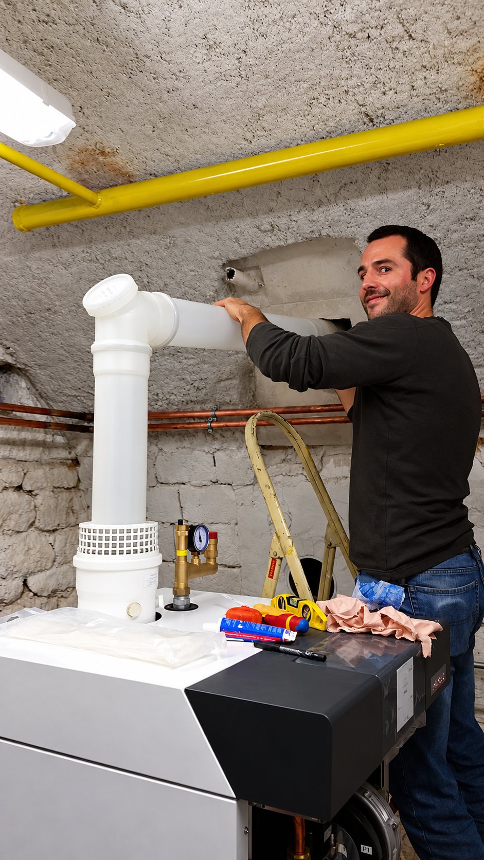 Un homme souriant installe un conduit blanc en PVC sur une chaudière dans une cave aux murs de pierre, avec des outils posés sur le dessus.