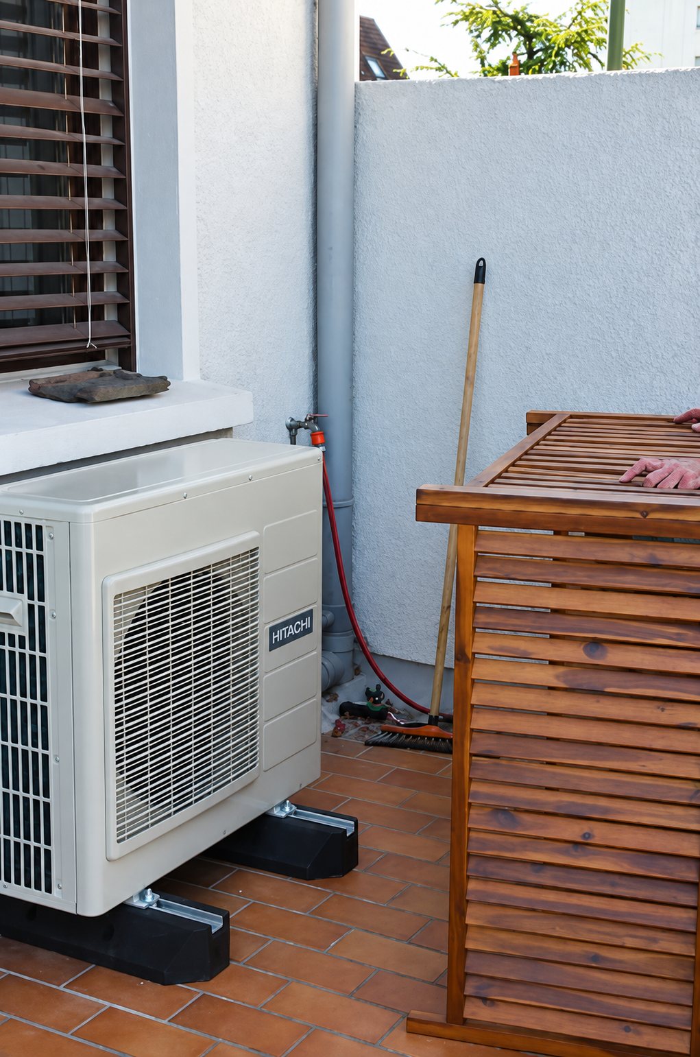 Une unité extérieure de pompe à chaleur Hitachi posée sur des supports en caoutchouc sur une terrasse carrelée, à côté d'un cache en bois à lattes.